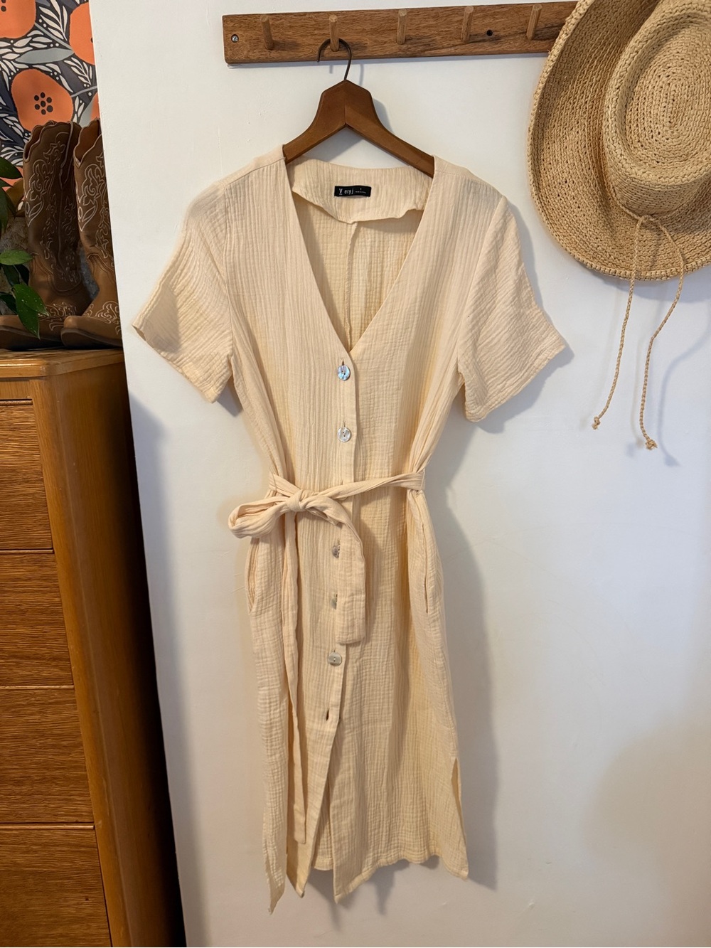 Very J Light Cream Button-Front Midi Dress with Tie Waist